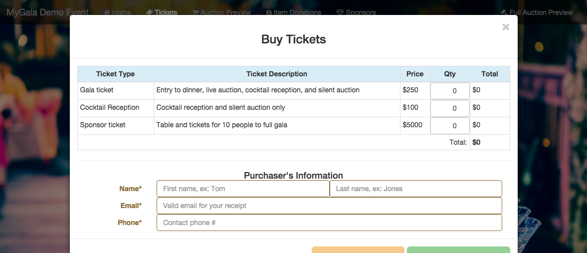 Guests can purchase tickets directly from the event landing page. The new in-app system is included in your MyGala package with no additional fees (except for Paypal fees-- there's nothing we can do about that!).